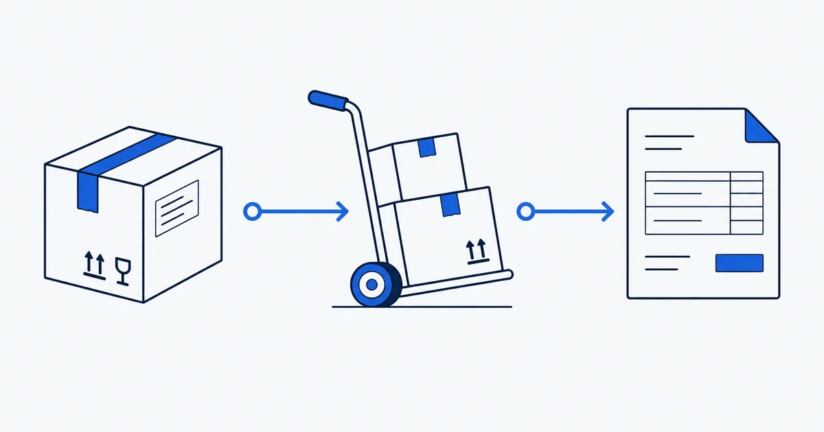 Illustration: Paket, Transportwagen und Rechnungsdokument bilden einen verbundenen Ablauf.