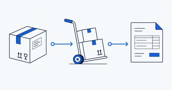 Illustration: Paket, Transportwagen und Rechnungsdokument bilden einen verbundenen Ablauf.