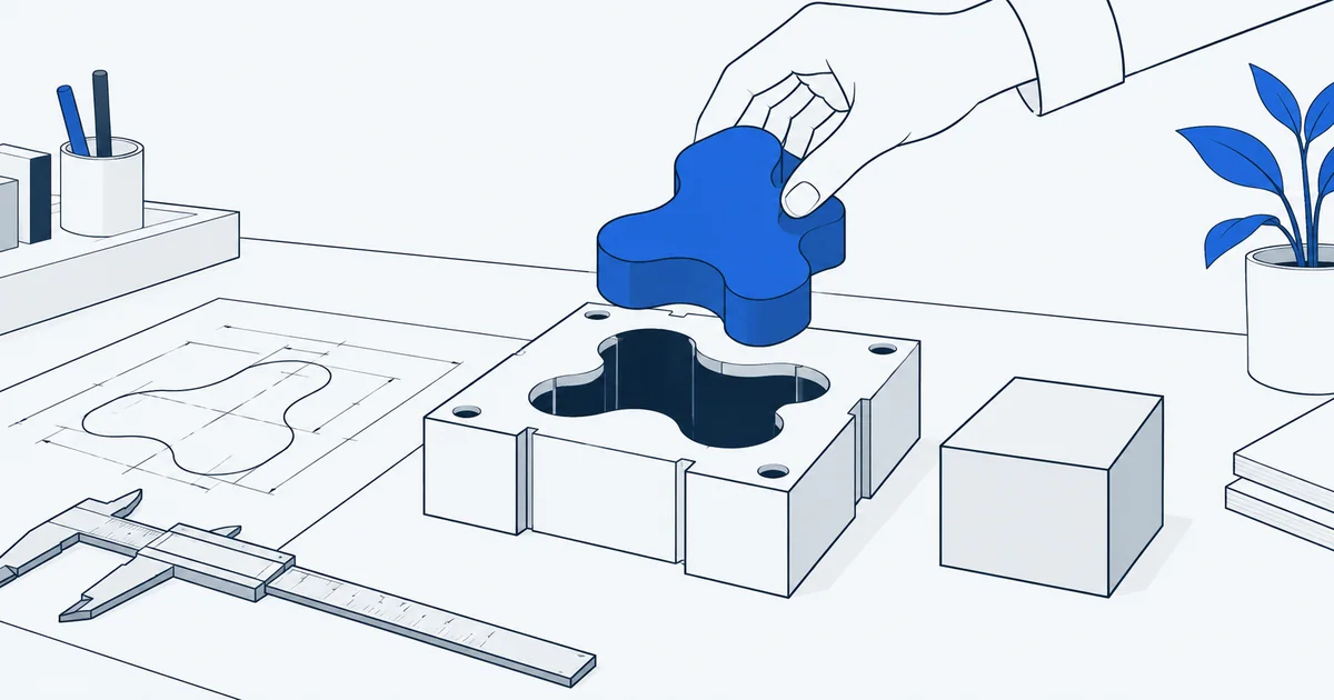 Illustration: Eine Hand setzt ein passend geformtes Bauteil in eine individuelle Aussparung; ein quadratisches Standardteil liegt daneben.