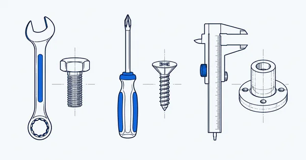 Illustration: Schraubenschlüssel, Schraubendreher und Messschieber stehen neben passenden Werkstücken.