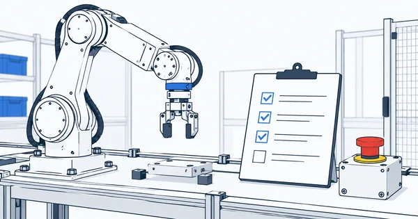 Illustration: Ein mechanischer Arm steht neben einer Freigabe-Prüfliste und einem Not-Aus-Schalter.