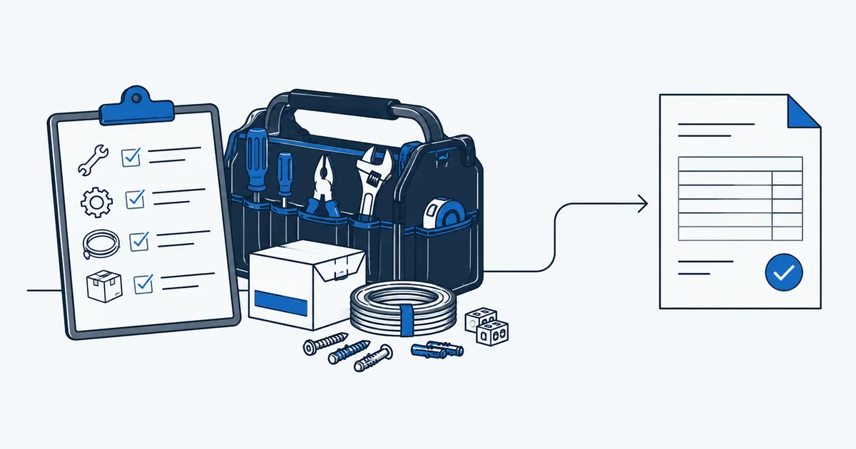 Illustration: Werkzeugtasche, Material und Einsatz-Prüfliste sind mit einem Rechnungsdokument verbunden.