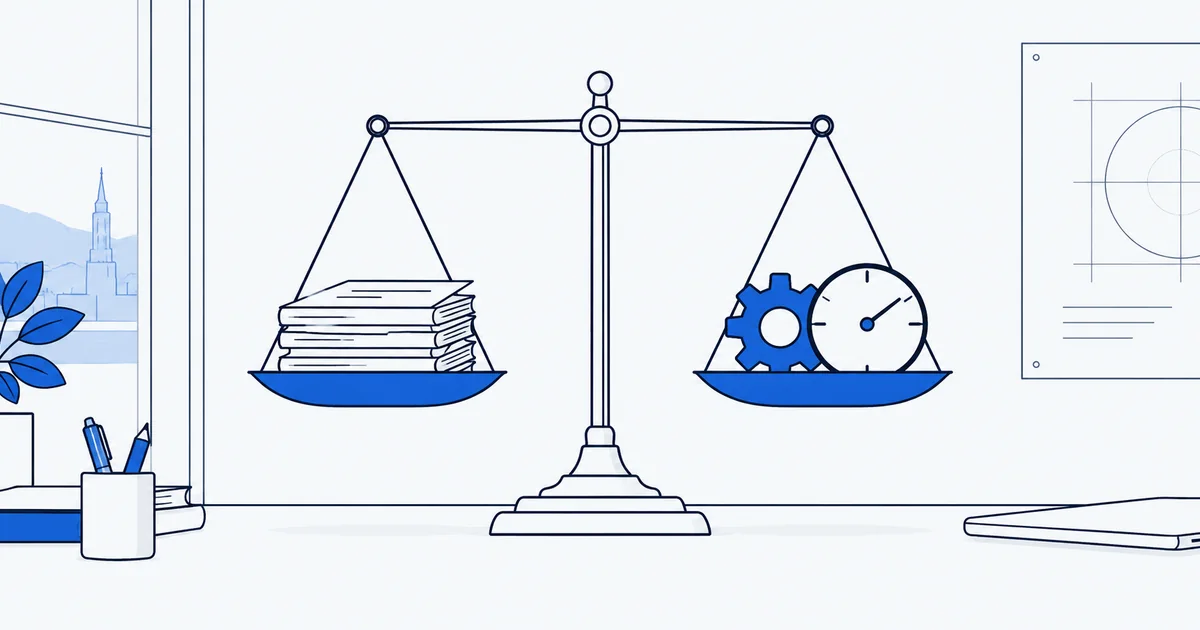 Illustration: Eine Waage stellt einen Dokumentenstapel einem Zahnrad und einer Uhr gegenüber.